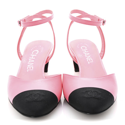 Chanel Lambskin Grosgrain Cap Toe CC Slingback Pumps 37.5 Pink Black 3 of 10