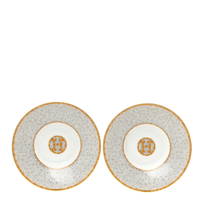 Hermes Porcelain Mosaique Au 24 Gold Coffee Cup and Saucer Set of 2 6 of 9
