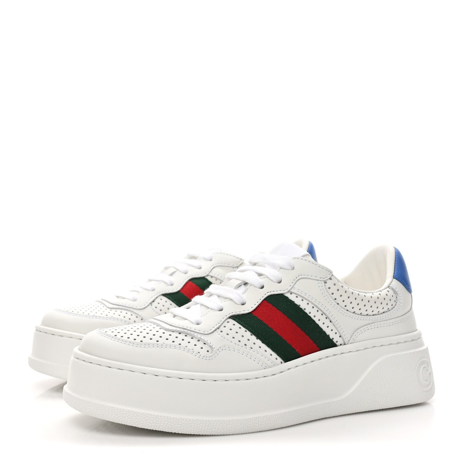 Gucci Calfskin Web Perforated Womens Platform 55mm Sneakers 37.5 White Bright Splash 3 of 10
