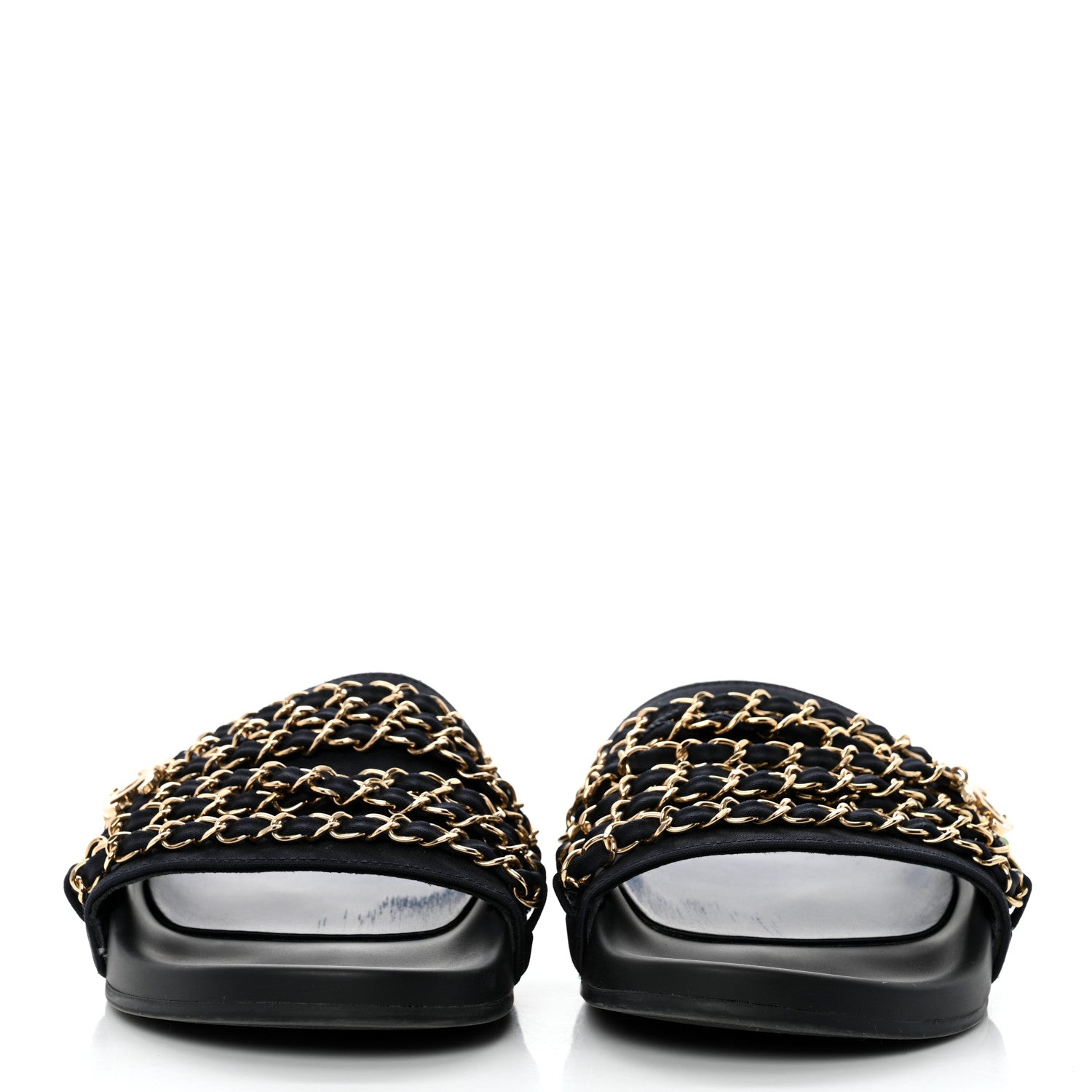 Chanel Satin Canvas Chain Slides Sandals Flats 38 Marine 2 of 9