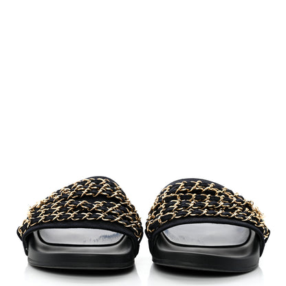 Chanel Satin Canvas Chain Slides Sandals Flats 38 Marine 2 of 9