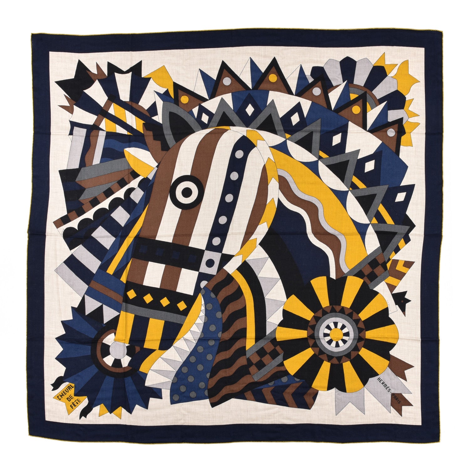 Hermes Cashmere Silk Cheval De Fete Shawl 140 Naturel Marine Moutarde 1 of 6