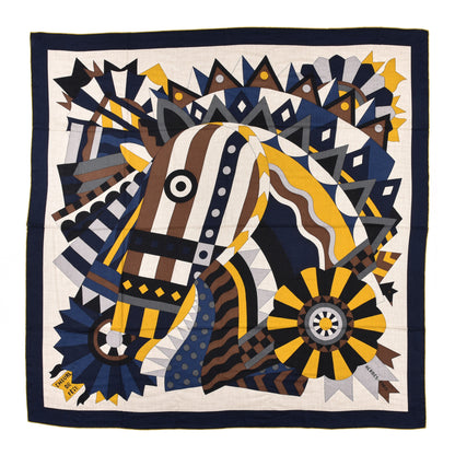 Hermes Cashmere Silk Cheval De Fete Shawl 140 Naturel Marine Moutarde 1 of 6