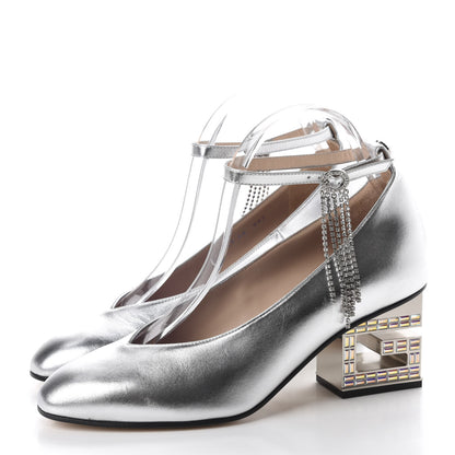 Gucci Metallic Nappa Crystal Square G Mid Heel Pumps 40 Silver 3 of 10