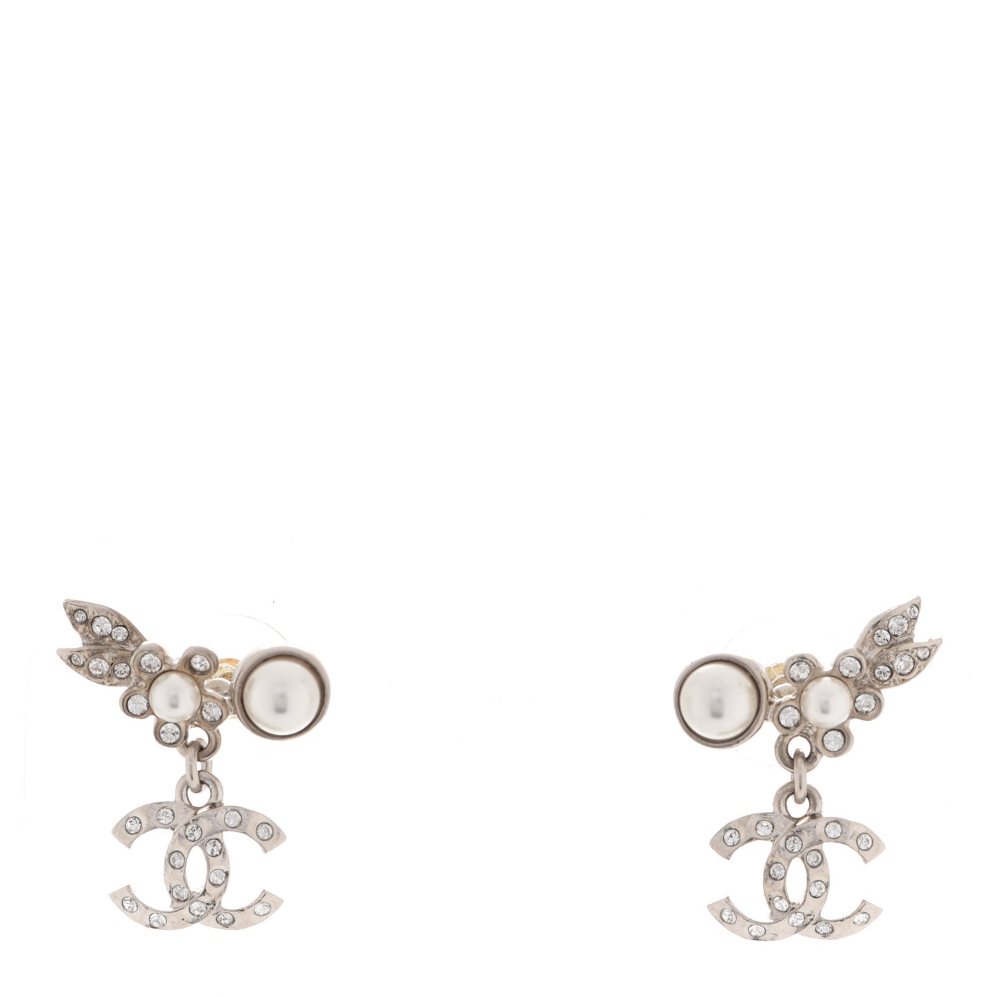 Crystal Pearl CC Leaf Earrings Silver