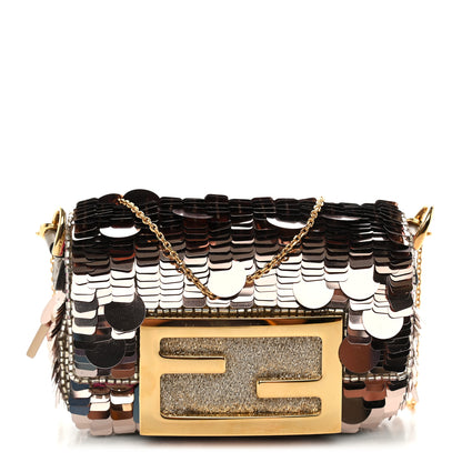 Fendi Sequin Paillettes Shiny Nappa Sex and the City Nano Maxi Buckle Baguette Charm Tortora 1 of 12