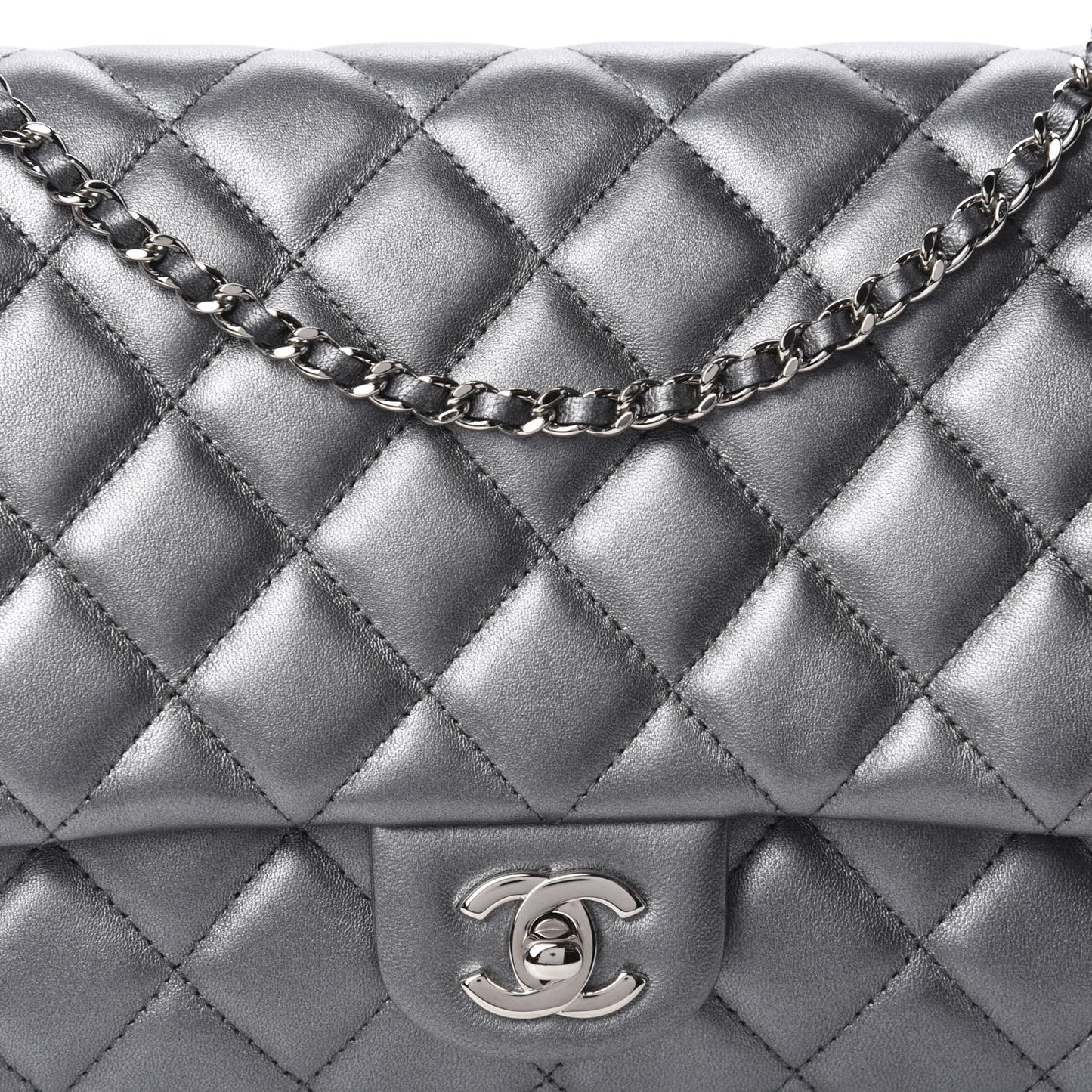 Metallic Lambskin Quilted Clutch With Chain Flap Dark Grey