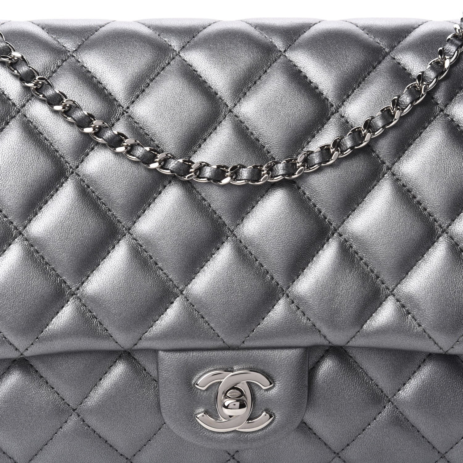 Chanel Metallic Lambskin Quilted Clutch With Chain Flap Dark Grey 10 of 10