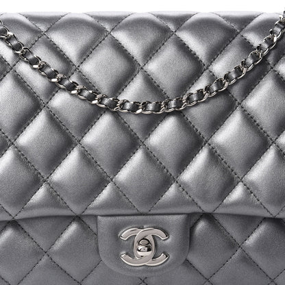 Chanel Metallic Lambskin Quilted Clutch With Chain Flap Dark Grey 10 of 10