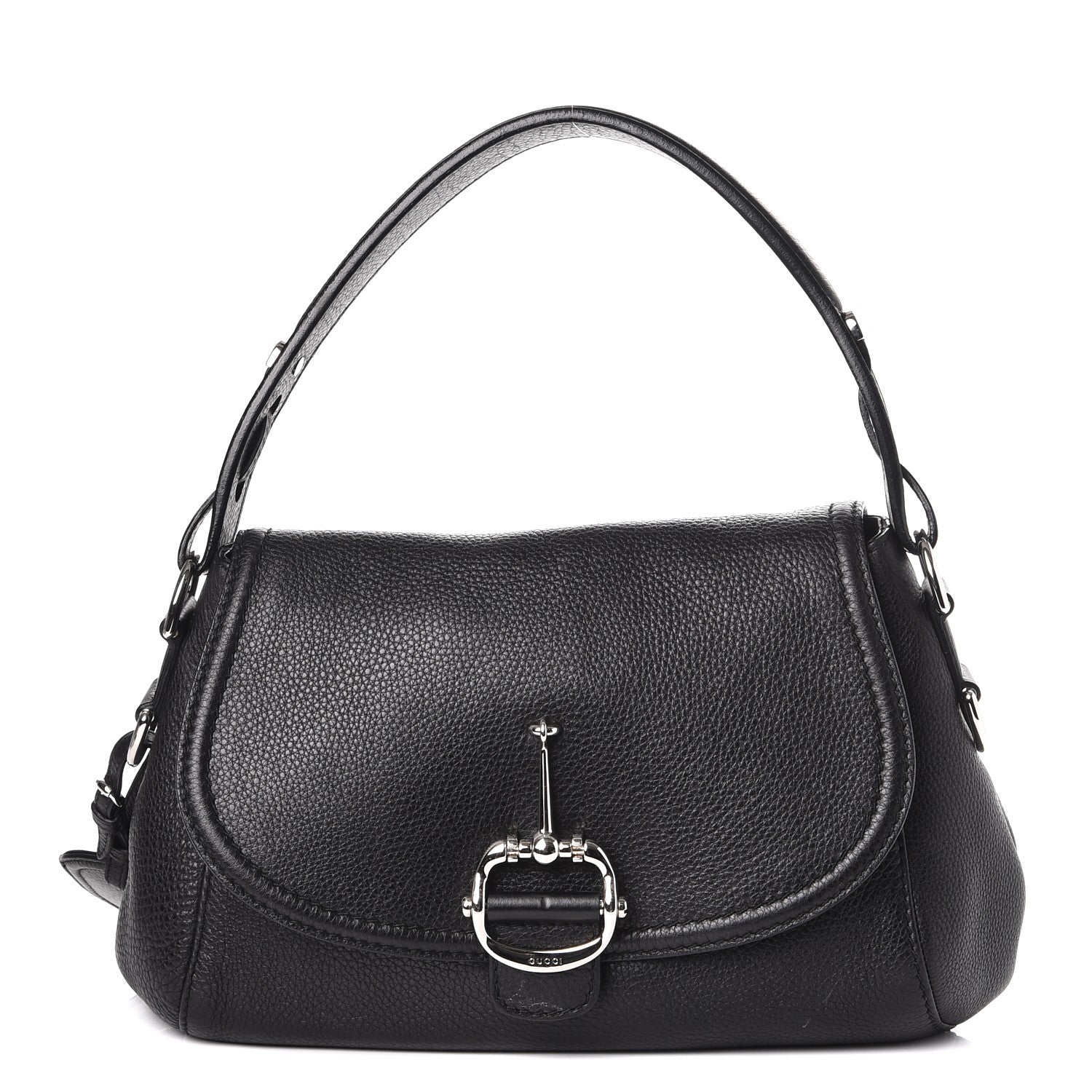 Gucci Pebbled Calfskin Medium Techno Horsebit Shoulder Flap Bag Black 1 of 7
