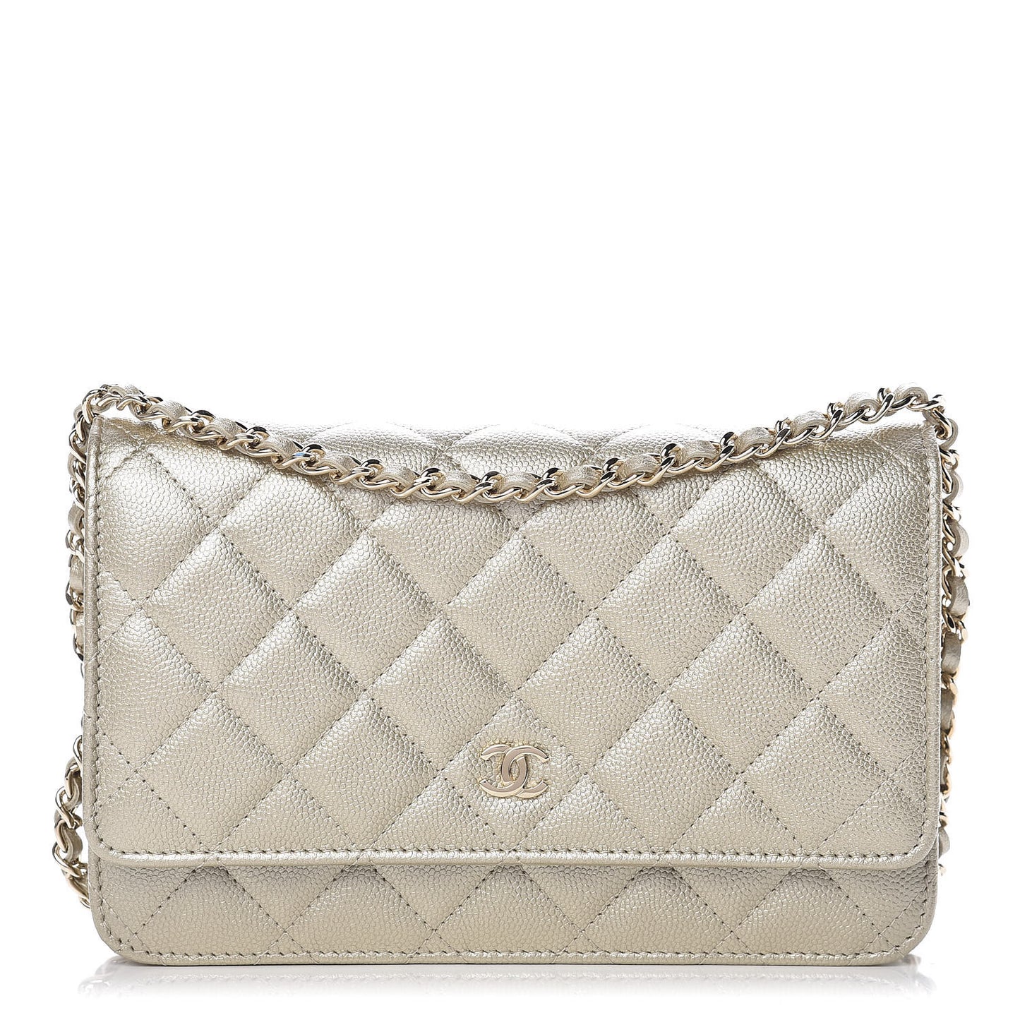 Pearly Caviar Quilted Wallet On Chain WOC Light Gold