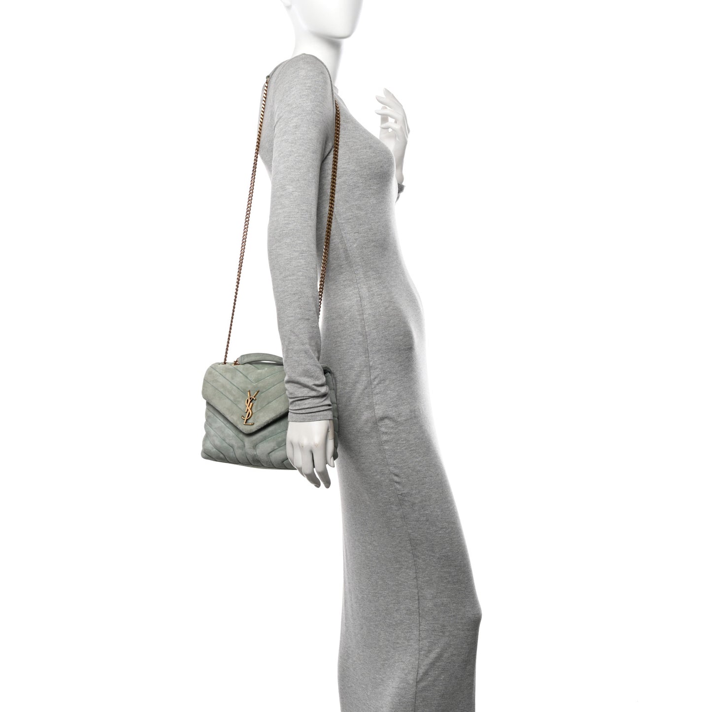 Suede Calfskin Y Quilted Monogram Small Loulou Chain Satchel Vert Opaline