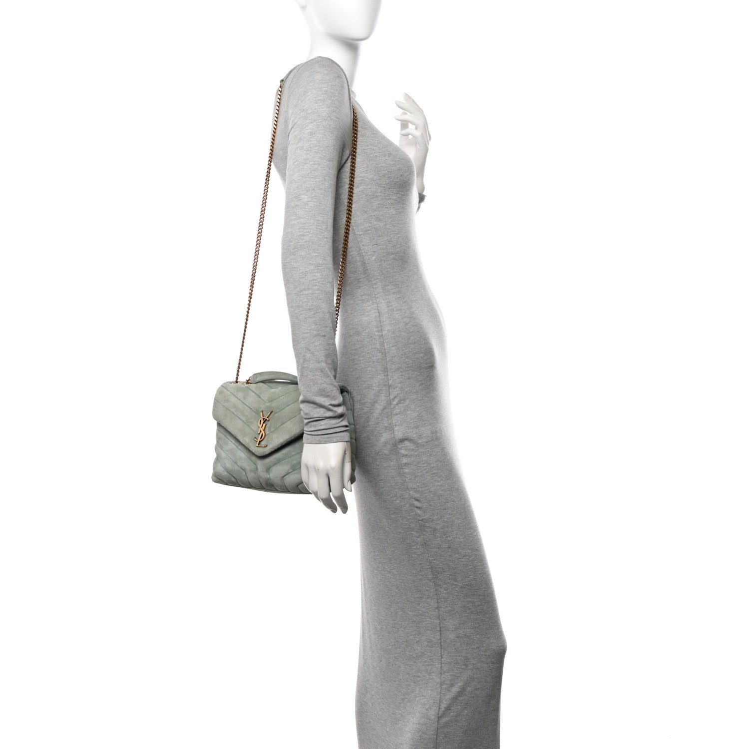 Saint Laurent Suede Calfskin Y Quilted Monogram Small Loulou Chain Satchel Vert Opaline 2 of 11