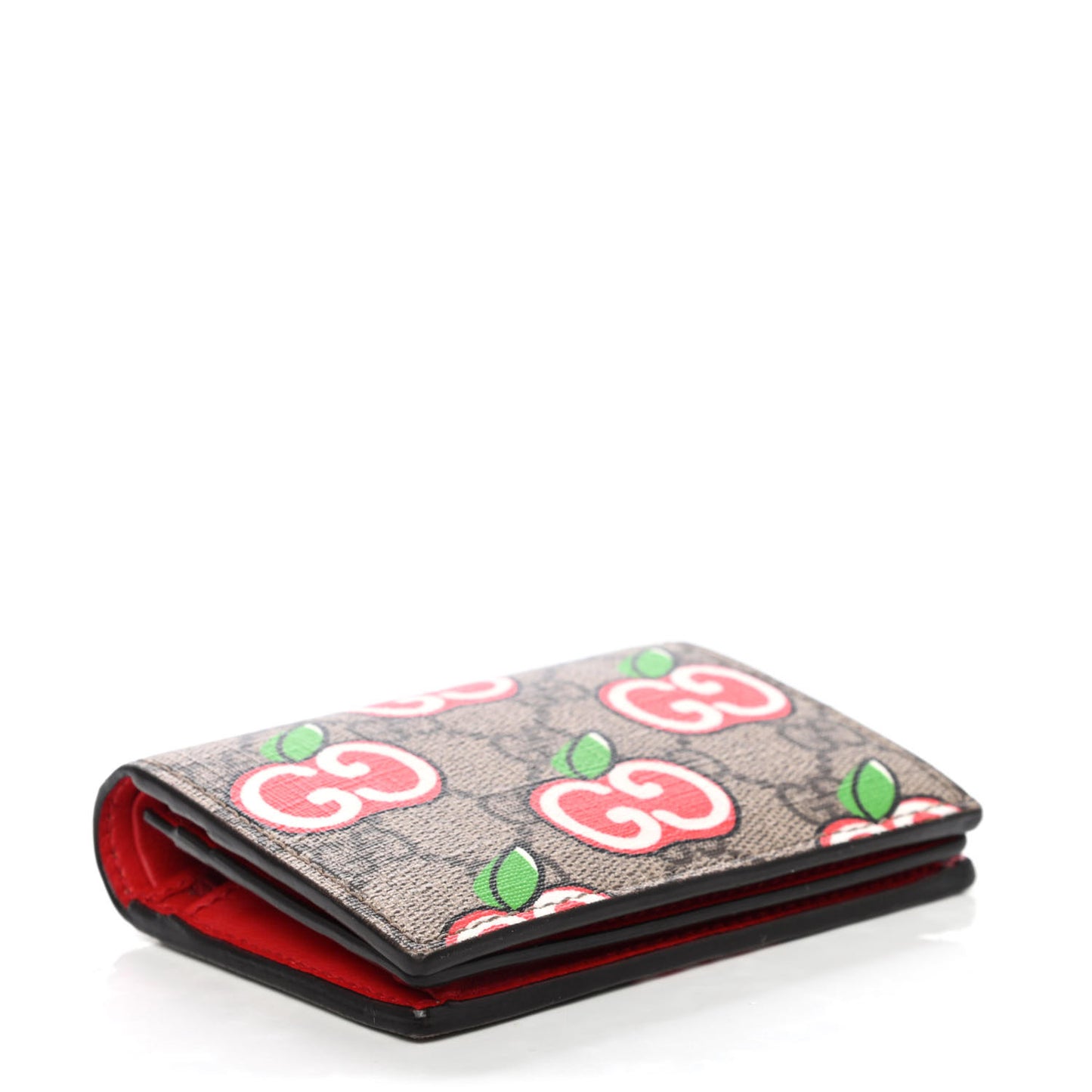 GG Supreme Monogram Apple Card Case Wallet Beige Multicolor Lobster Red