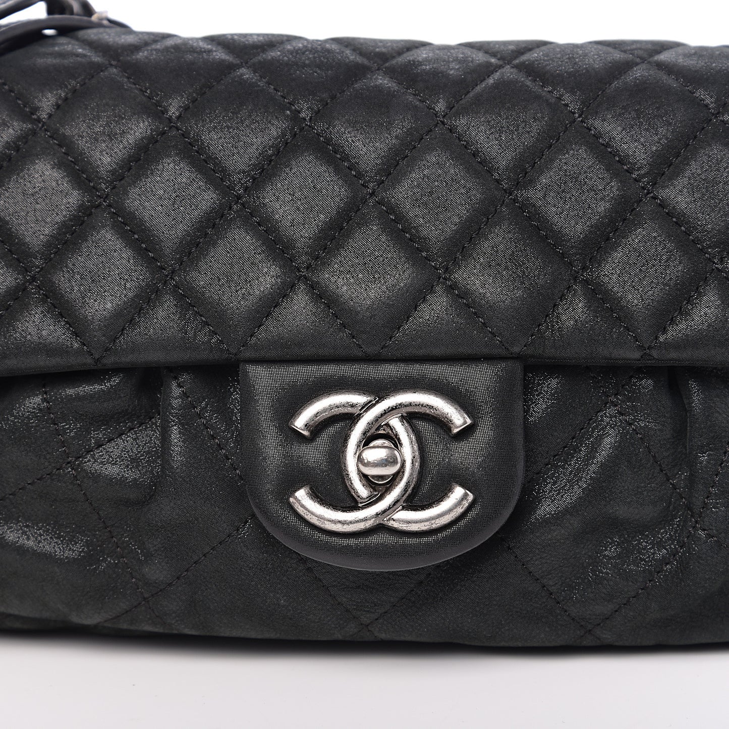 Iridescent Calfskin Quilted East West Flap Black