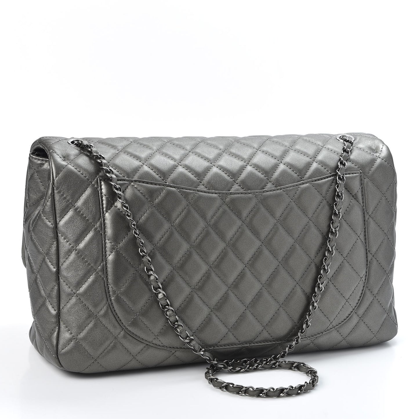 Metallic Calfskin Quilted Small XXL Travel Flap Bag Dark Silver