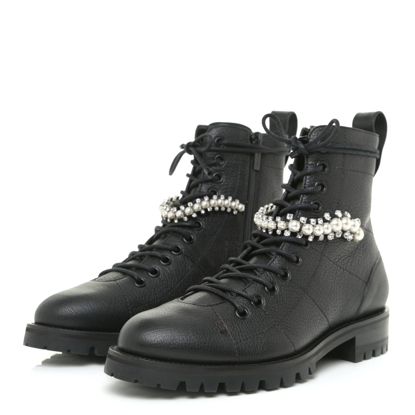 Grained Goatskin Pearl Crystal Embellished Cruz Combat Boots 36 Grey