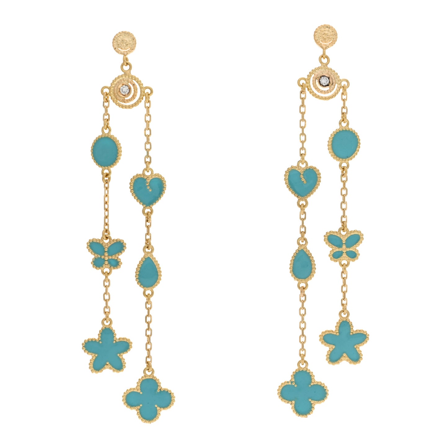 18K Yellow Gold Diamond Enamel Drop Earrings Blue