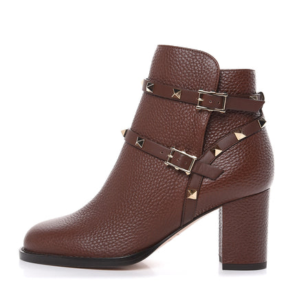 Valentino Garavani Pebbled Calfskin Rockstud Double Buckle 70mm Block Heel Ankle Boots 35 Light Brown 1 of 9