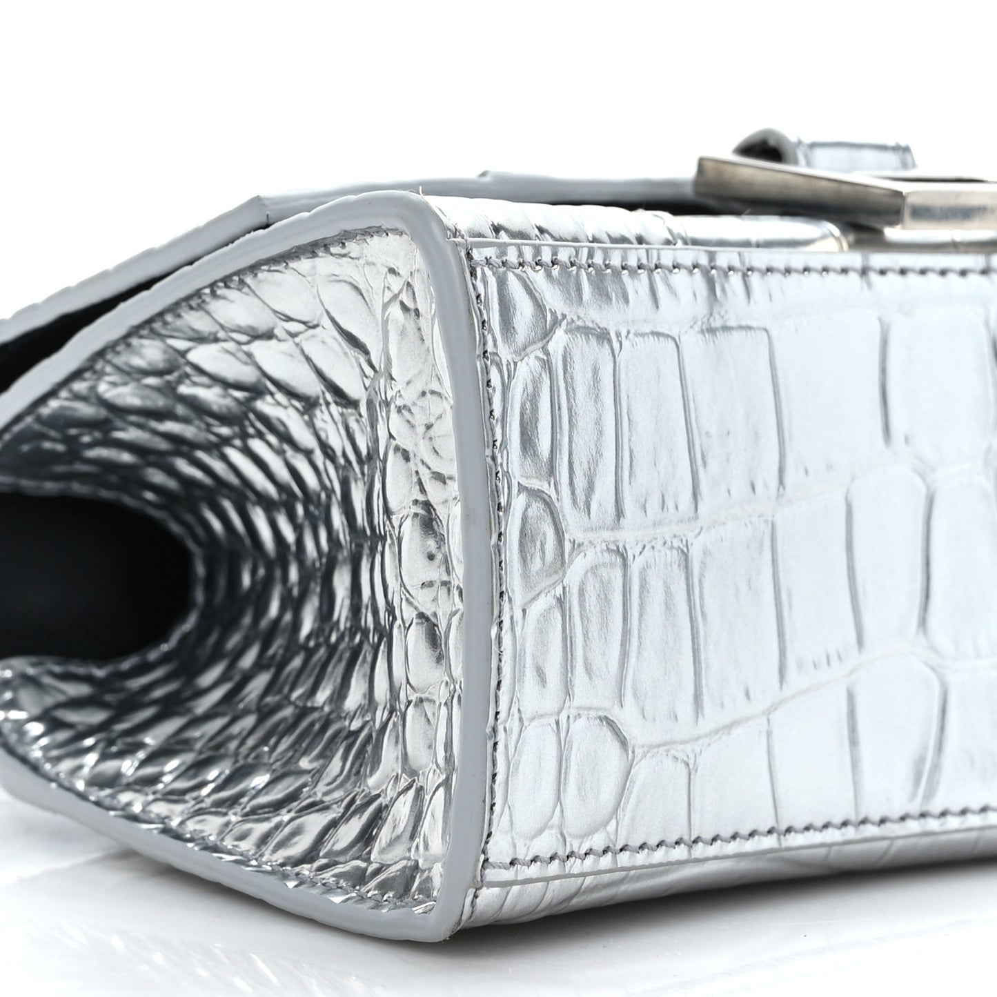 Metallic Calfskin Crocodile Embossed Hourglass Top Handle Bag XS Silver