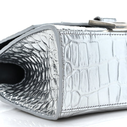 Balenciaga Metallic Calfskin Crocodile Embossed Hourglass Top Handle Bag XS Silver 8 of 9
