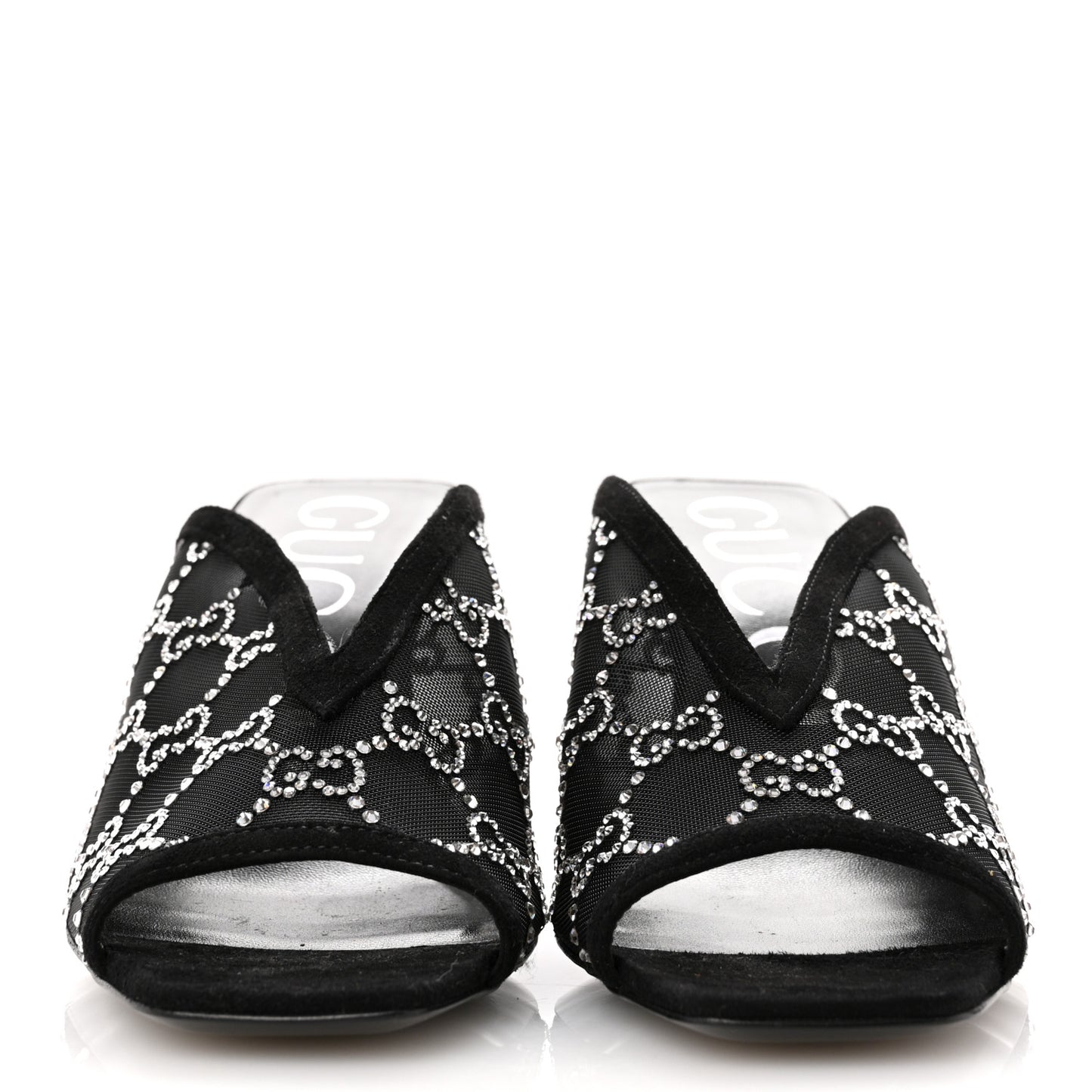 Tela Retino Kid Scamosciato Crystal GG Monogram Square G 95mm Slide Sandals 39 Black