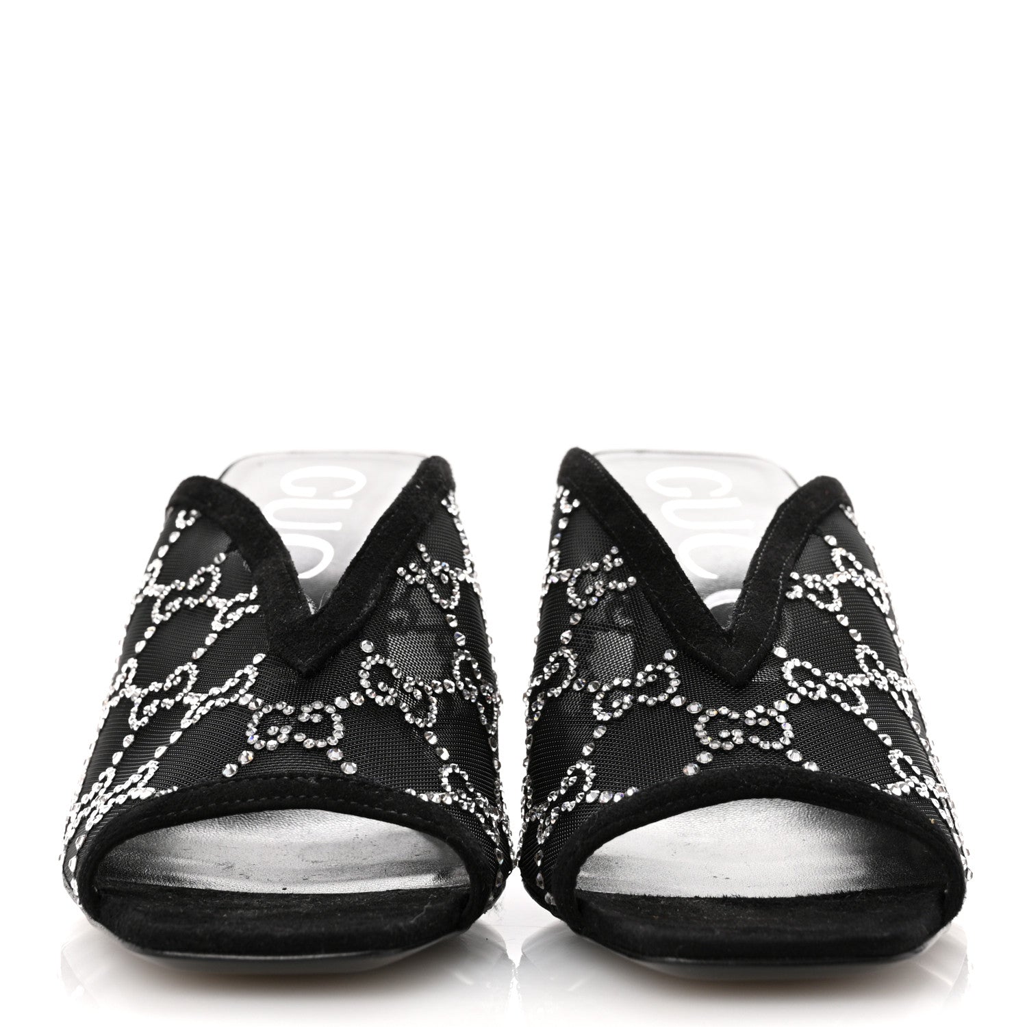 Gucci Tela Retino Kid Scamosciato Crystal GG Monogram Square G 95mm Slide Sandals 39 Black 3 of 10
