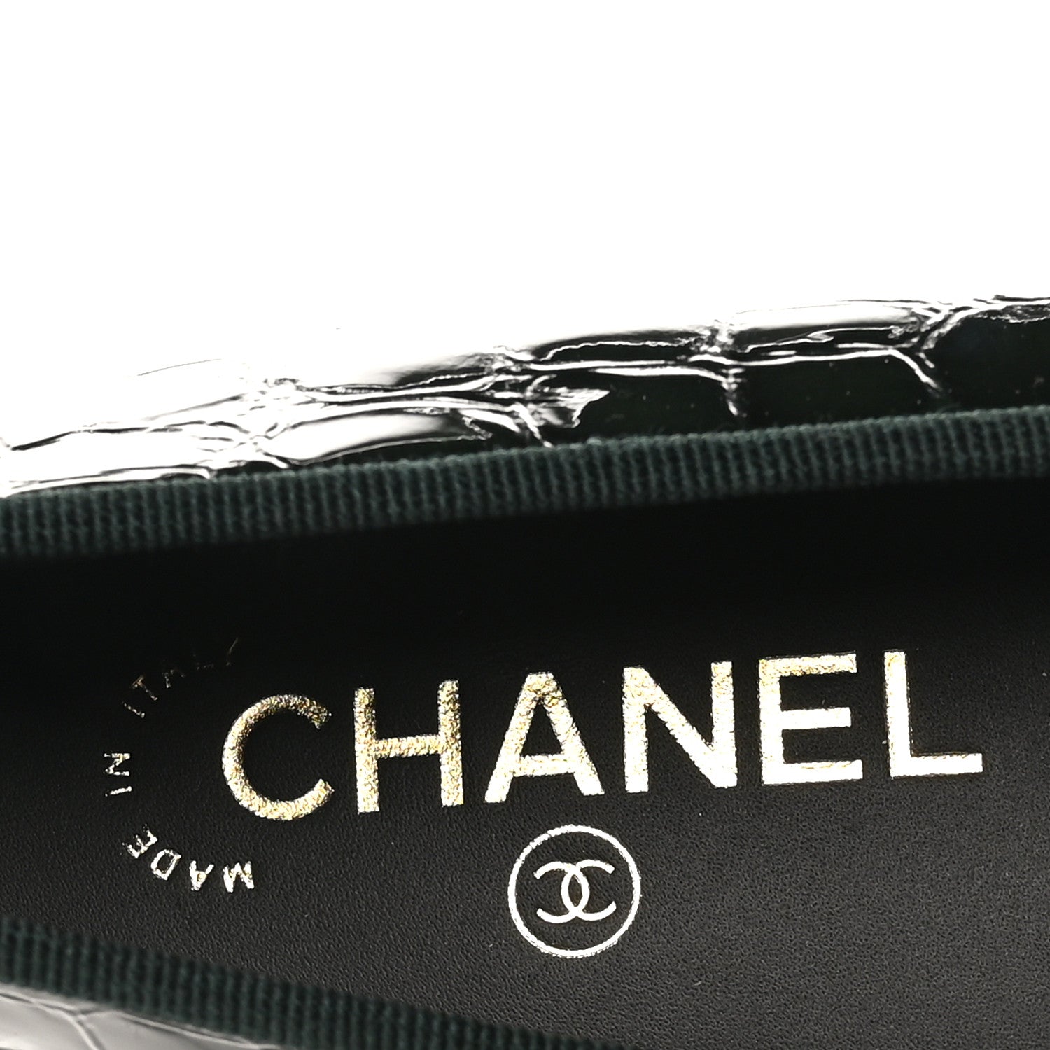 Chanel Crocodile Embossed Patent Calfskin Cap Toe CC Ballerina Flats 38 Dark Green Black 7 of 10