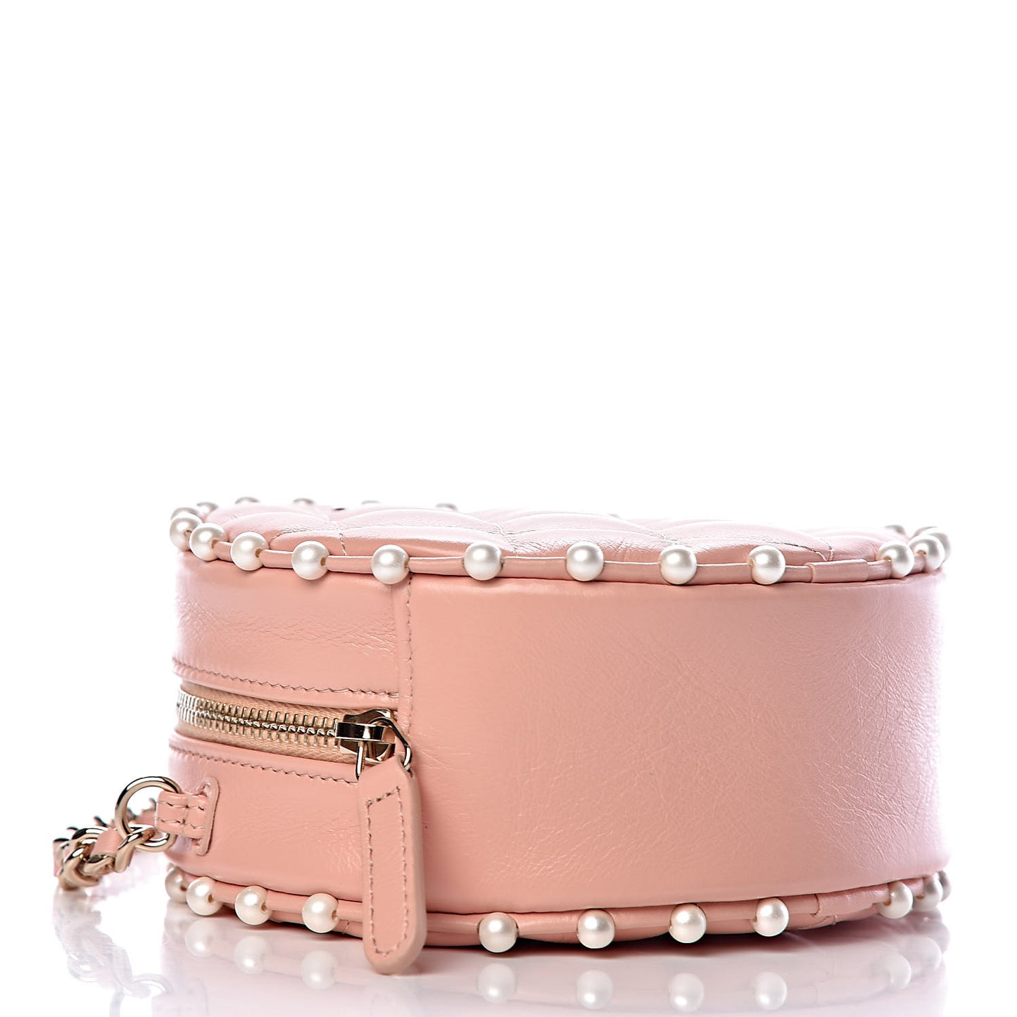 Calfskin Quilted Pearl Round Clutch With Chain Pink