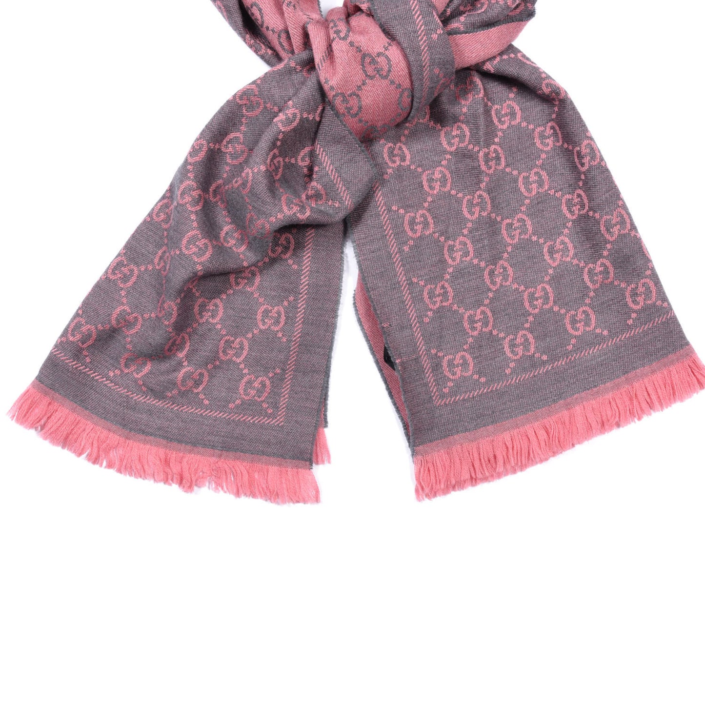 Wool Jacquard GG Monogram Sten Fringe Scarf Graphite Pink