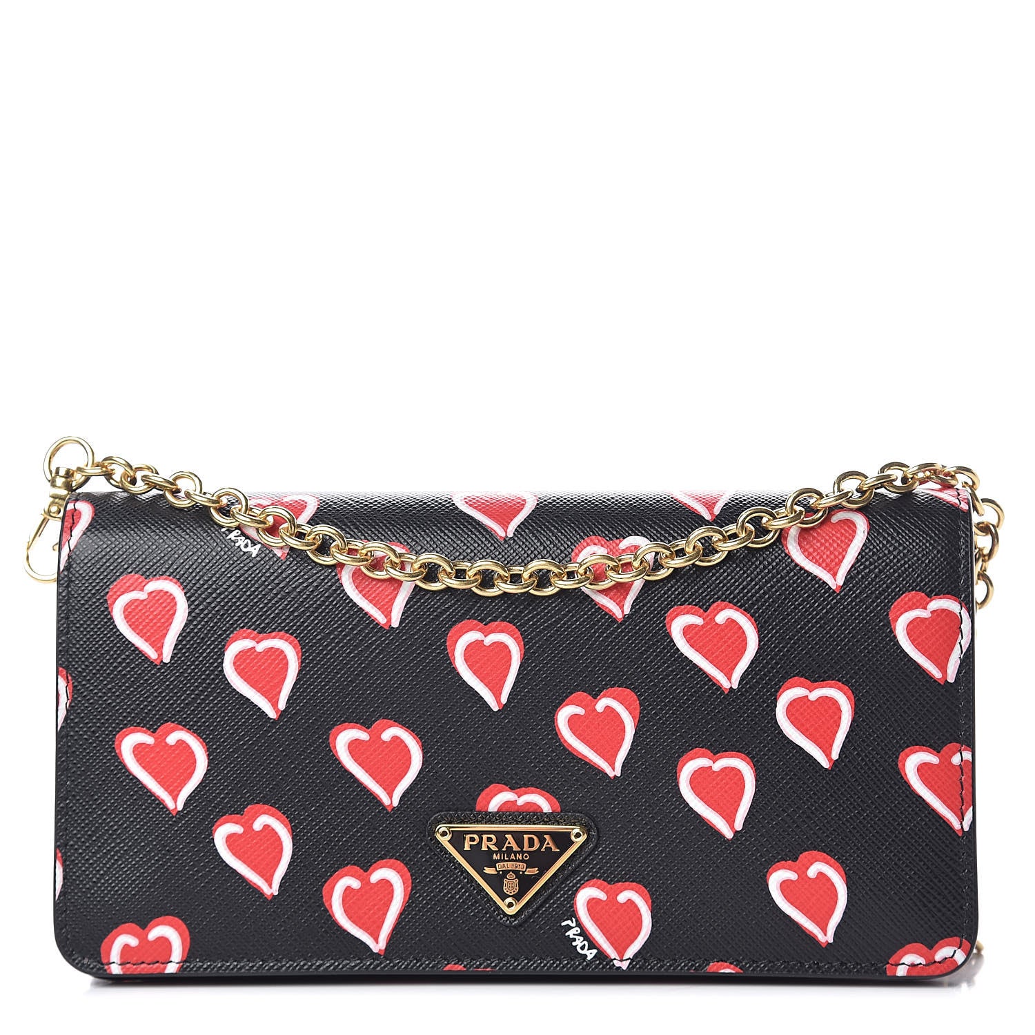 Prada Saffiano Heart Print Chain Wallet Black 2 of 8