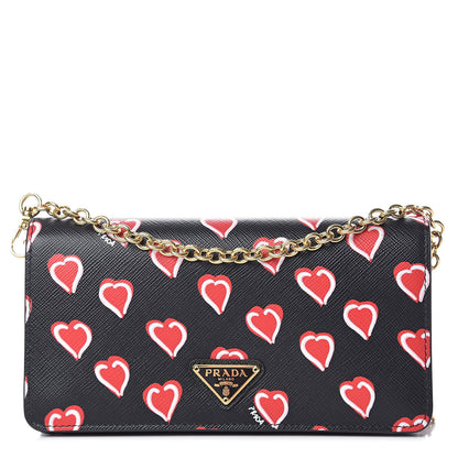 Prada Saffiano Heart Print Chain Wallet Black 2 of 8