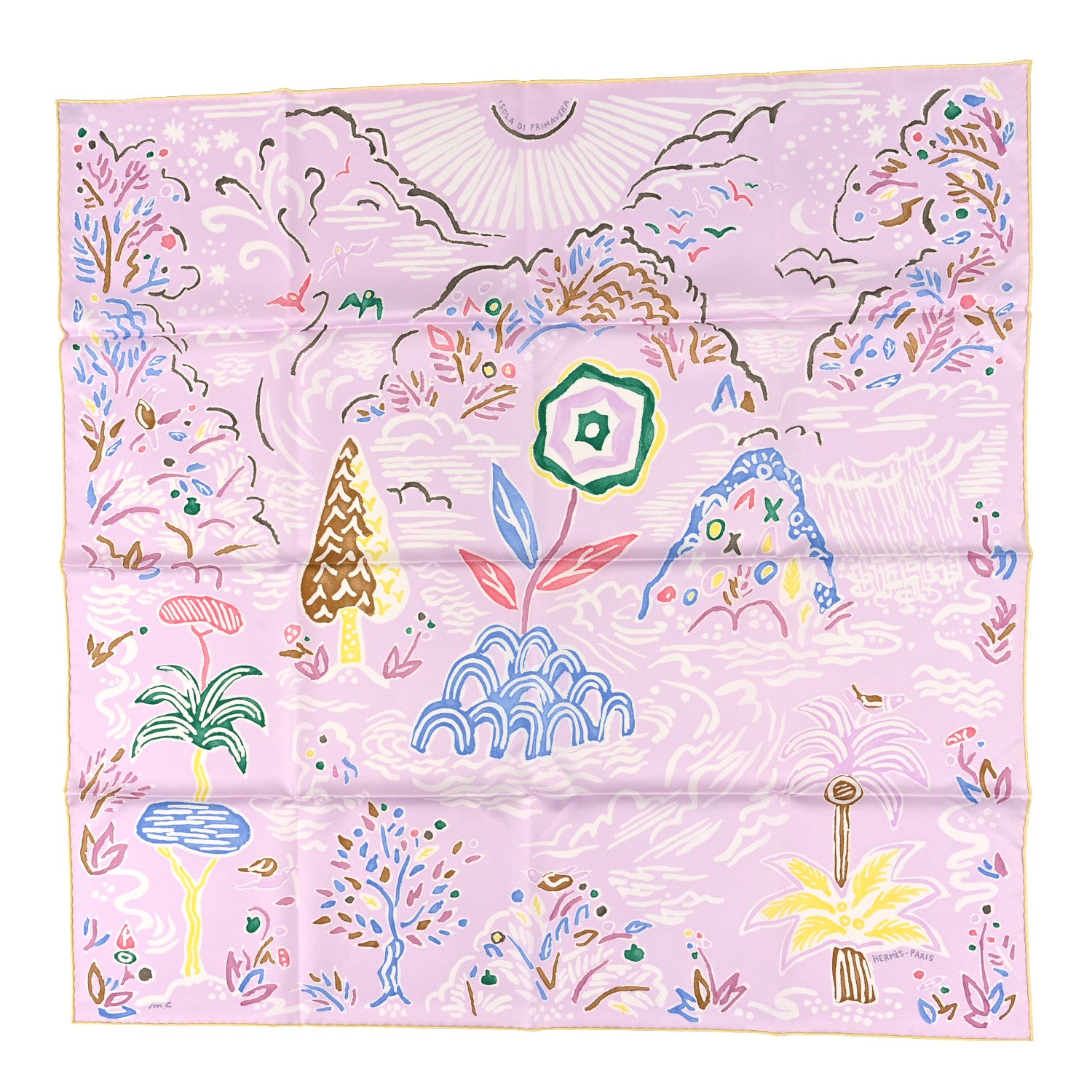 Hermes Silk Isola Di Primavera Scarf 90 Rose Pale Bleu Jaune 1 of 3