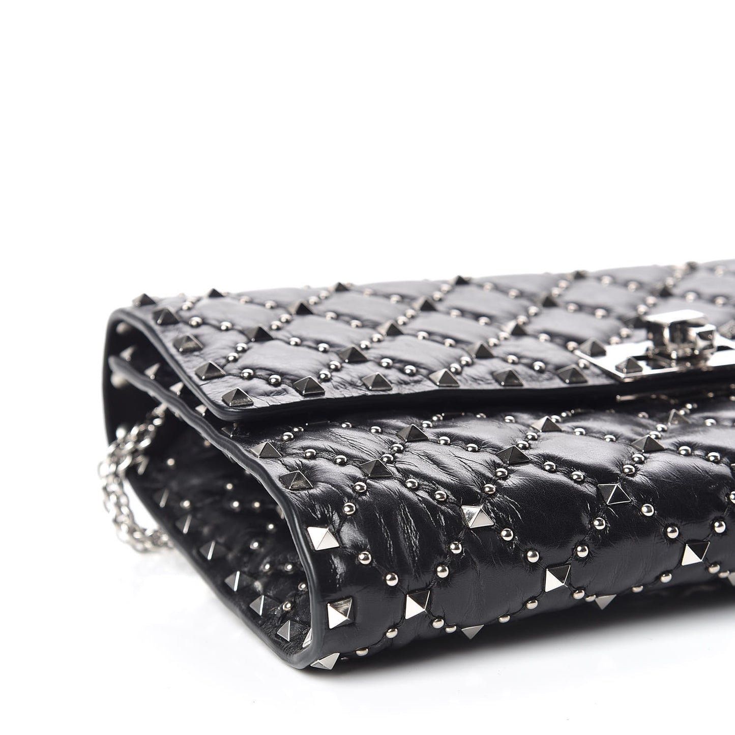 Craquele Nappa Beaded Rockstud Spike Wallet on Chain Black