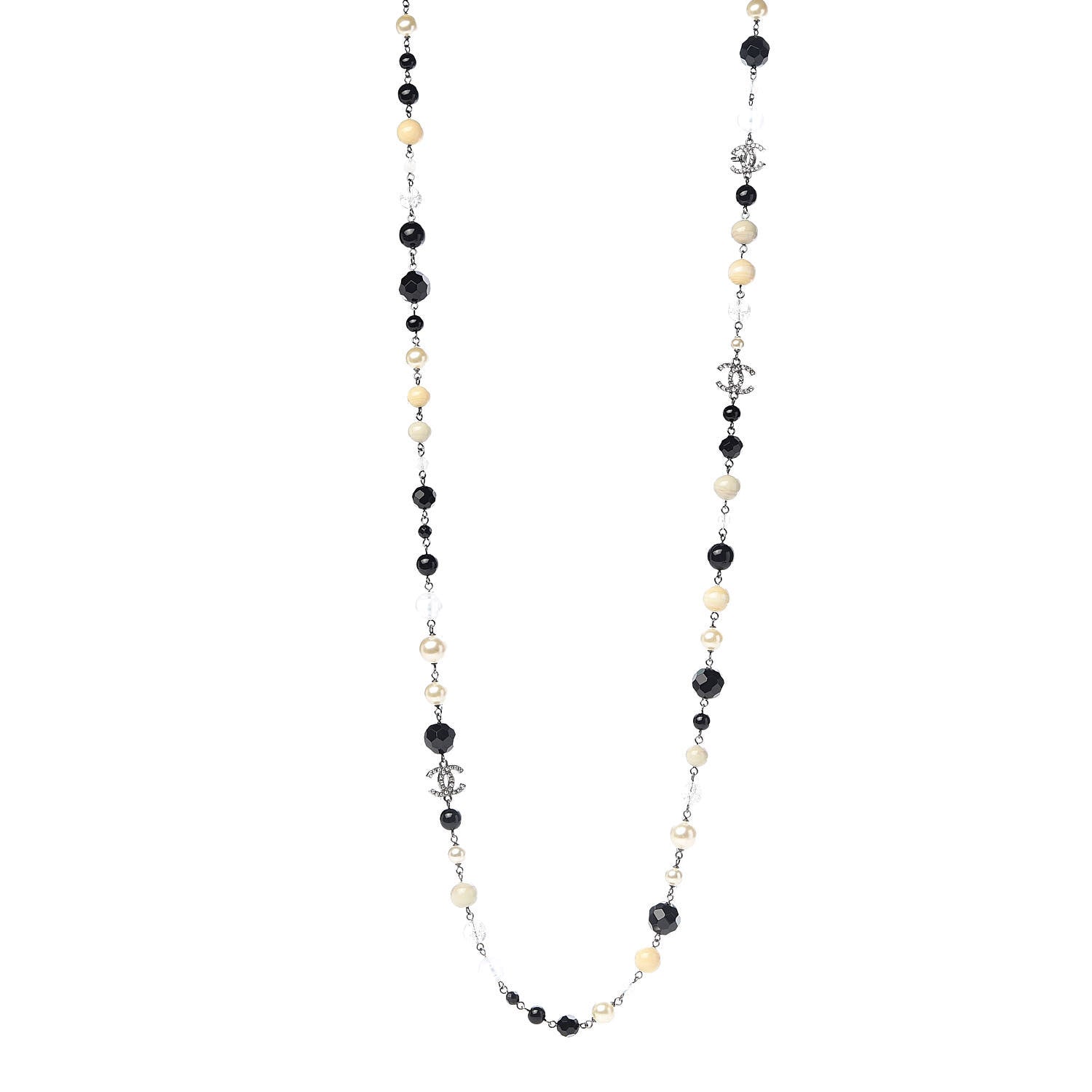 Chanel Pearl Beaded Crystal CC Long Necklace Black Silver 1 of 5