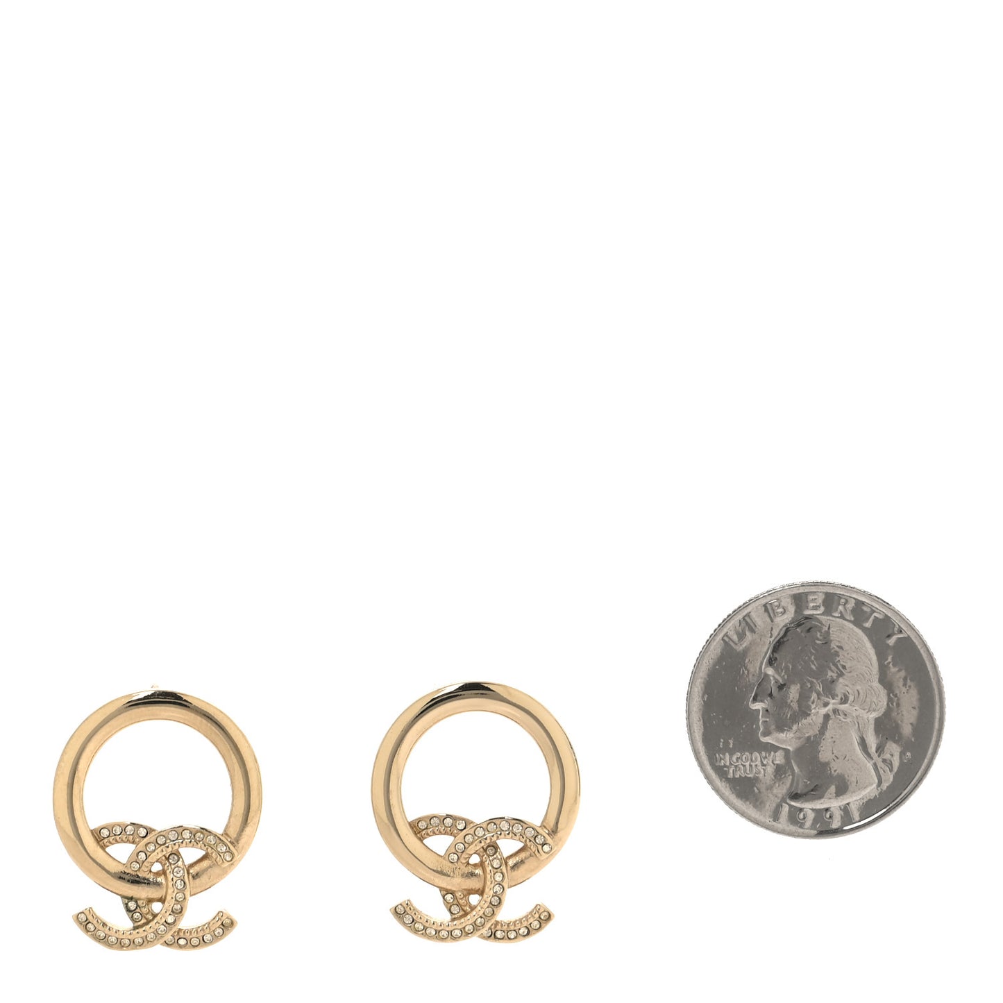 Metal Crystal CC Round Drop Earrings Gold