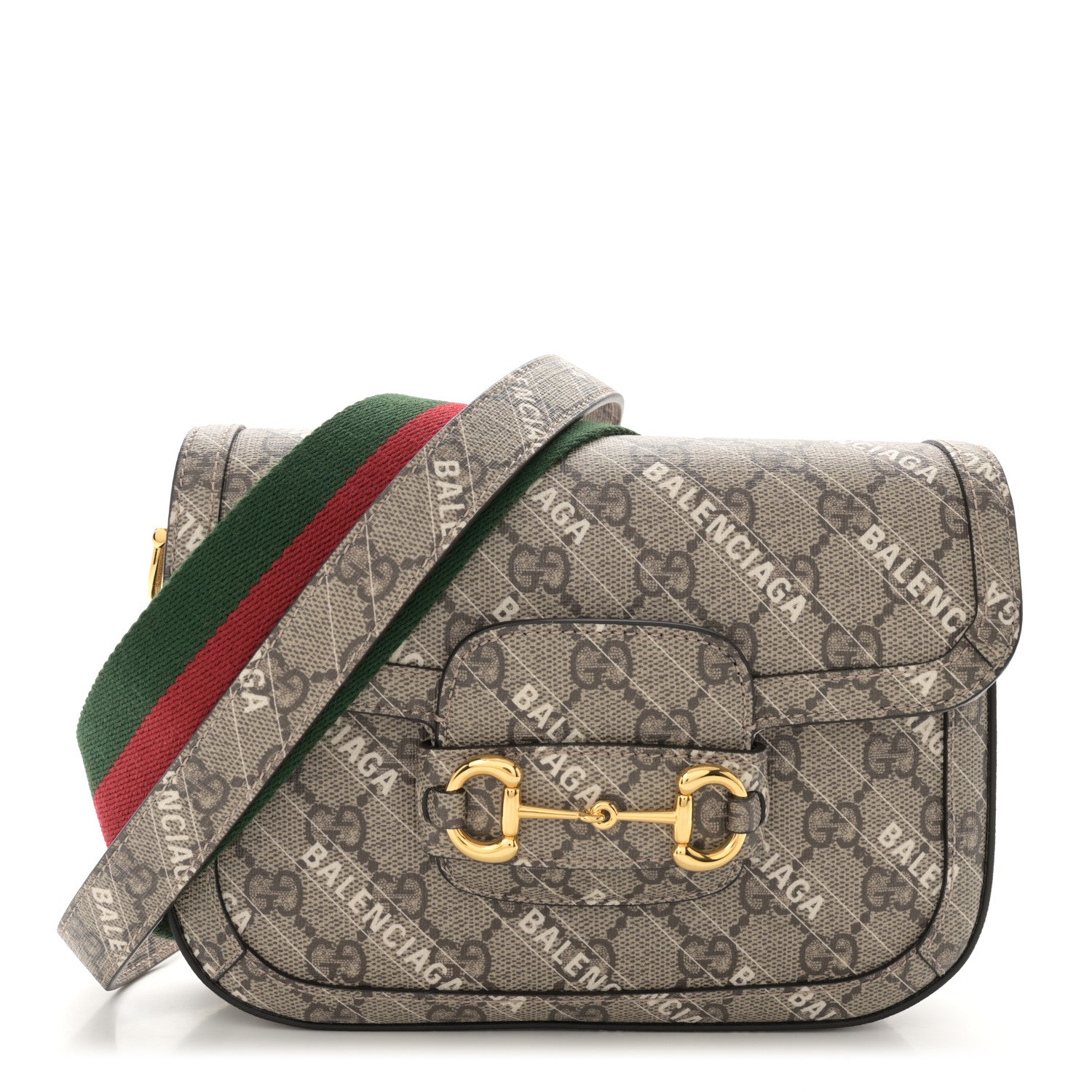 Gucci X BALENCIAGA GG Supreme Monogram Logo Print Horsebit 1955 Shoulder Bag Beige Ebony 1 of 11