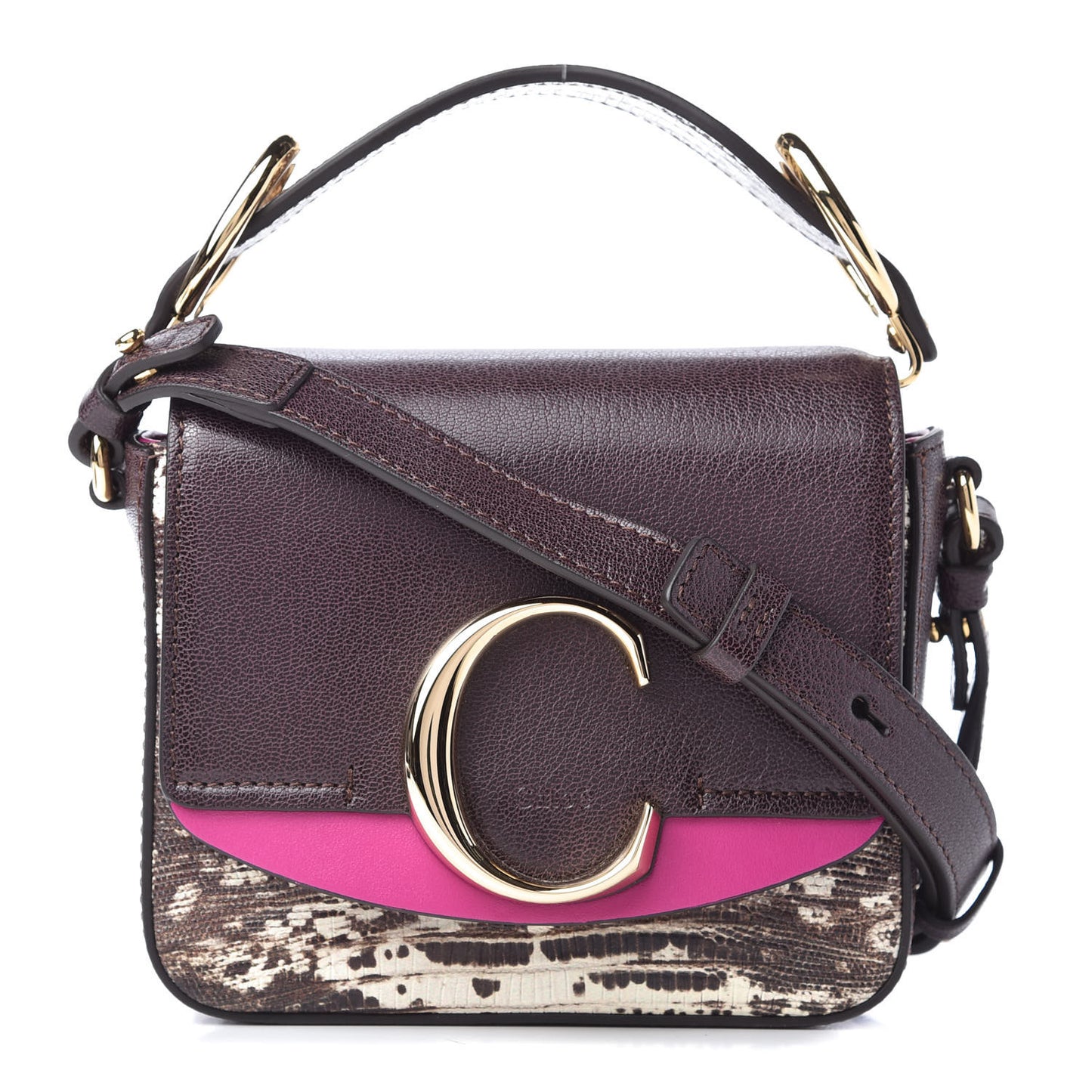 Shiny Goatskin Calfskin Lizard Embossed Mini C Double Carry Black Raisin