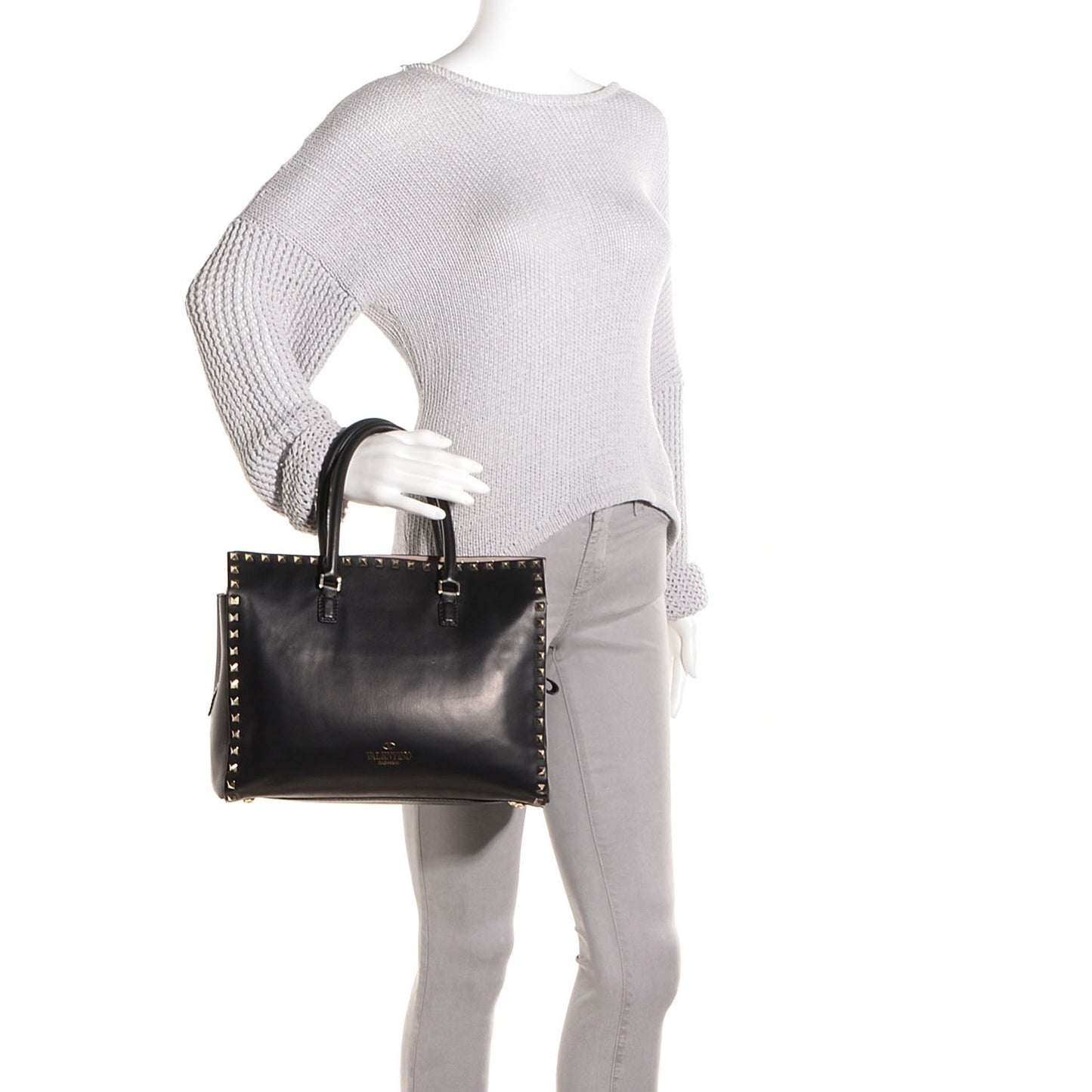 Vitello Small Rockstud Top Handle Tote Black