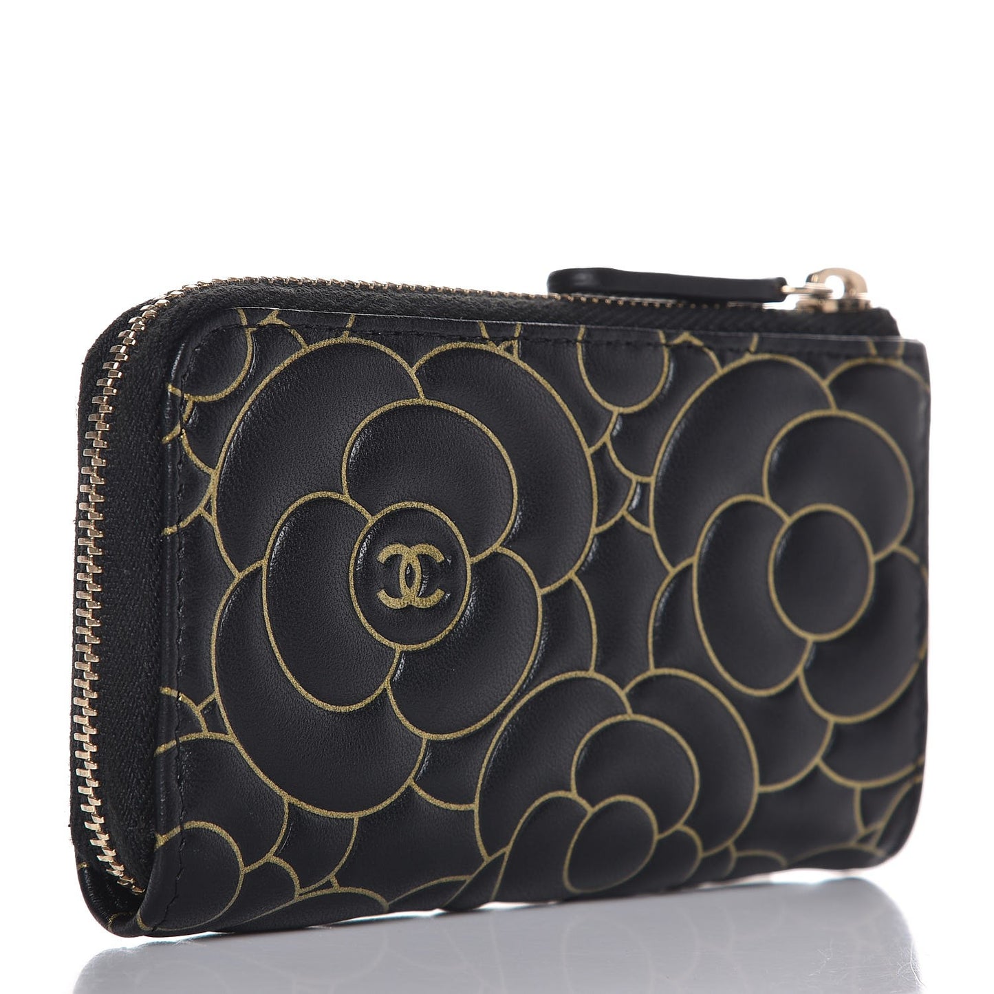 Lambskin Camellia Embossed Key Holder Case Black Gold