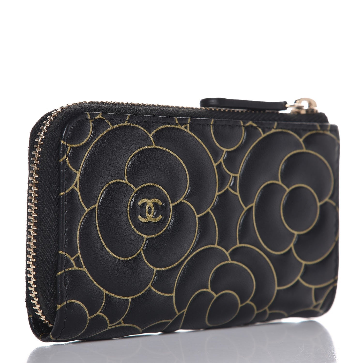 Chanel Lambskin Camellia Embossed Key Holder Case Black Gold 3 of 8