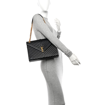 Saint Laurent Grain De Poudre Matelasse Chevron Large Monogram Satchel Black 3 of 10