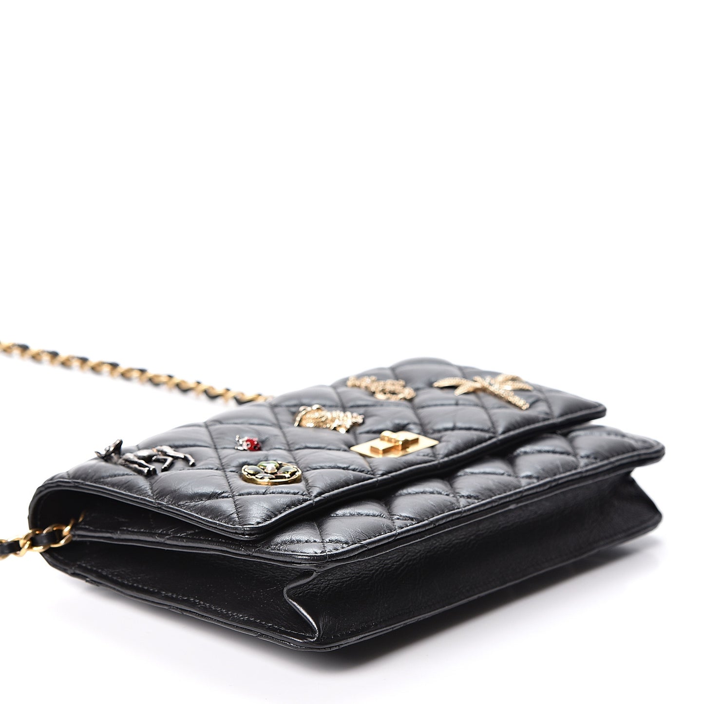 Aged Calfskin Quilted Lucky Charms 2.55 Reissue Wallet On Chain WOC Black