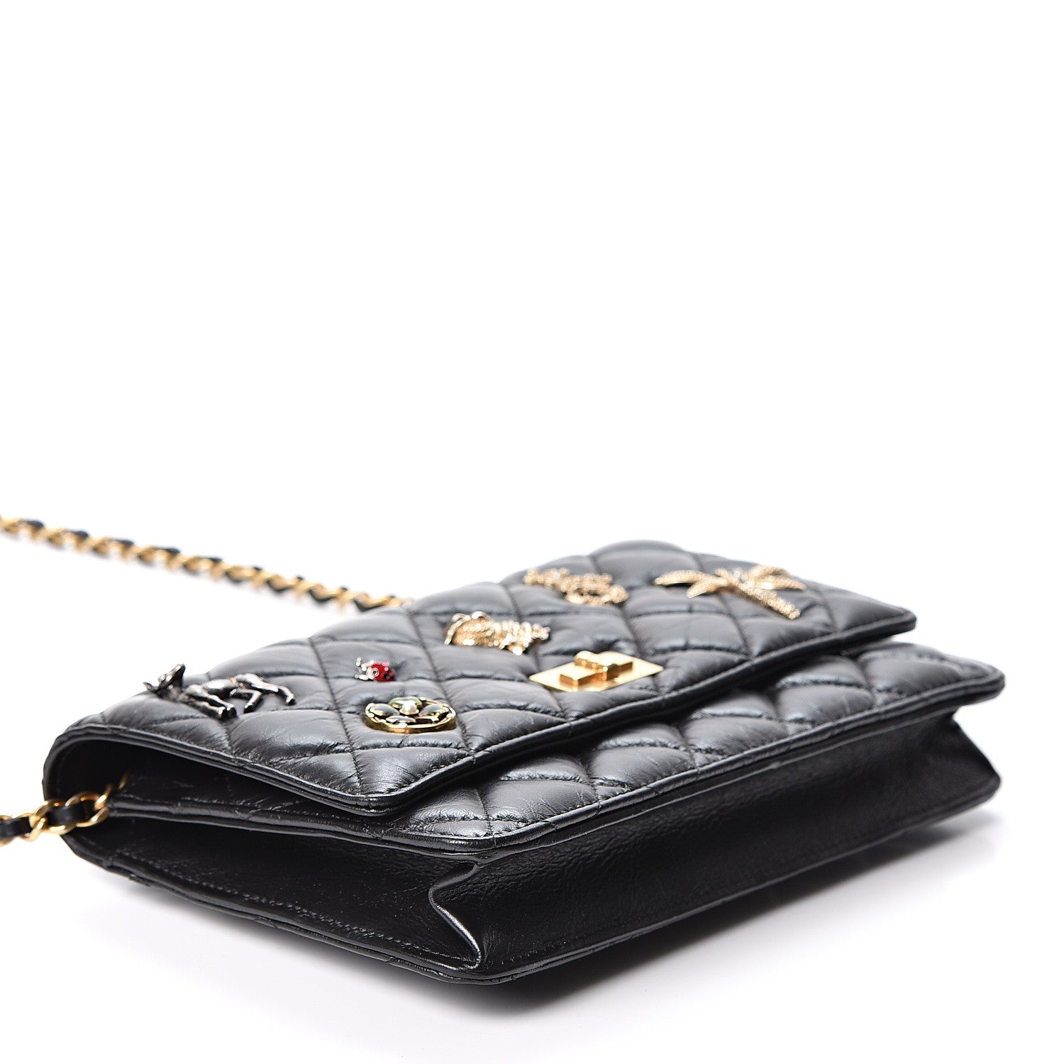 Chanel Aged Calfskin Quilted Lucky Charms 2.55 Reissue Wallet On Chain WOC Black 3 of 11