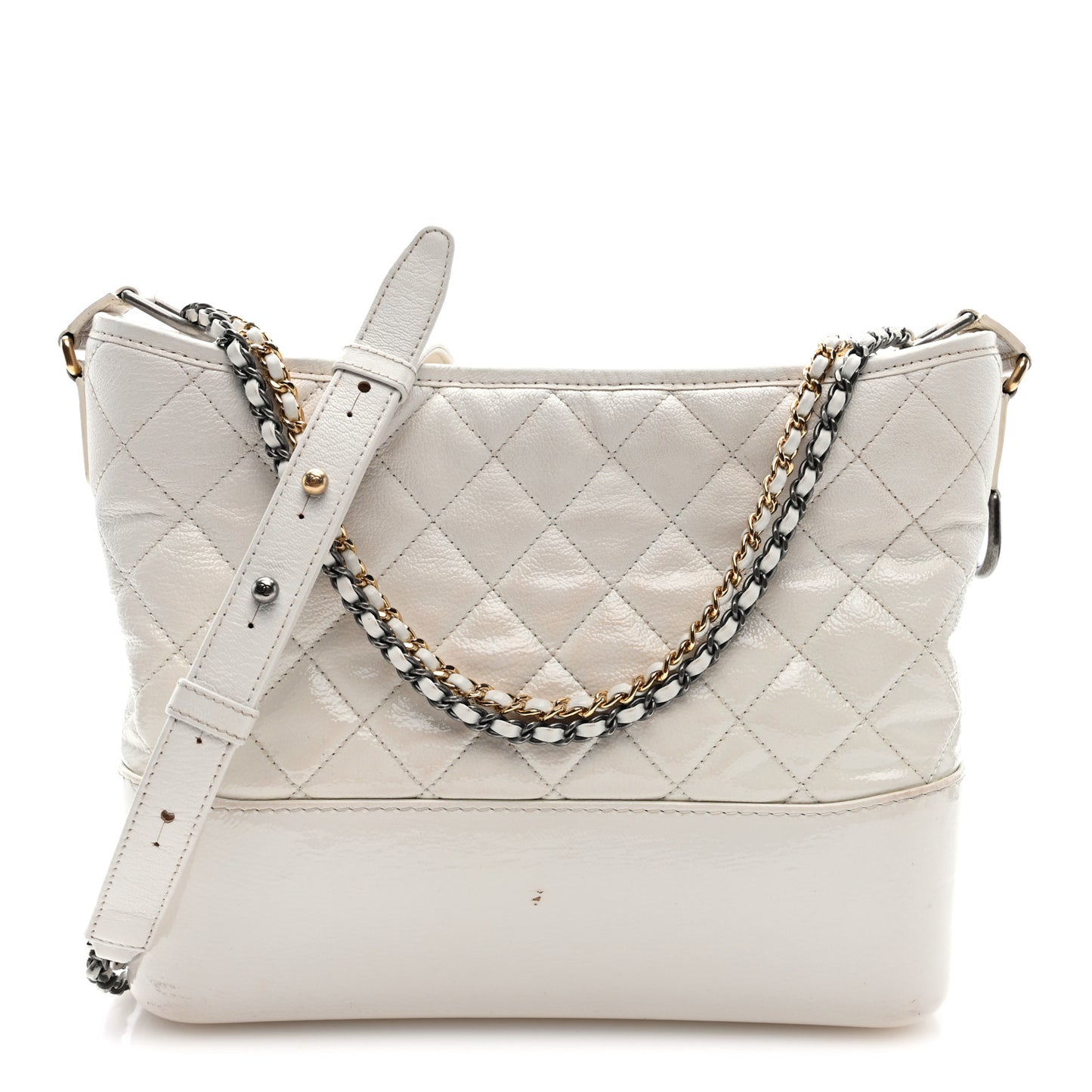 Patent Goatskin Quilted Medium Gabrielle Hobo White