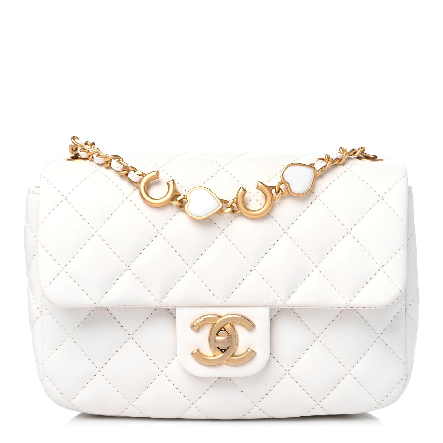 Lambskin Enamel Quilted Small Coco Hearts Square Flap White