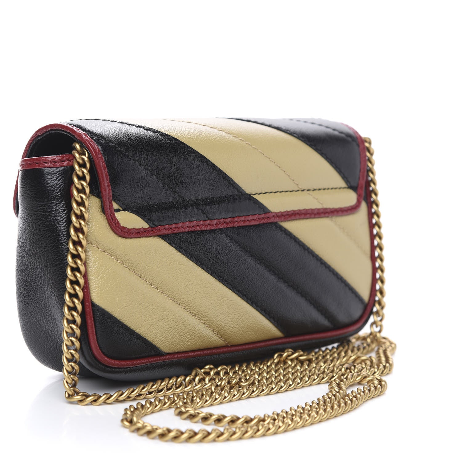 Gucci Vintage Effect Calfskin Matelasse Diagonal Striped Super Mini Torchon GG Marmont Shoulder Bag Black Beige 3 of 10