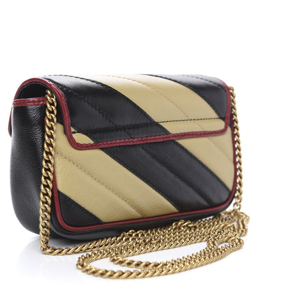 Gucci Vintage Effect Calfskin Matelasse Diagonal Striped Super Mini Torchon GG Marmont Shoulder Bag Black Beige 3 of 10