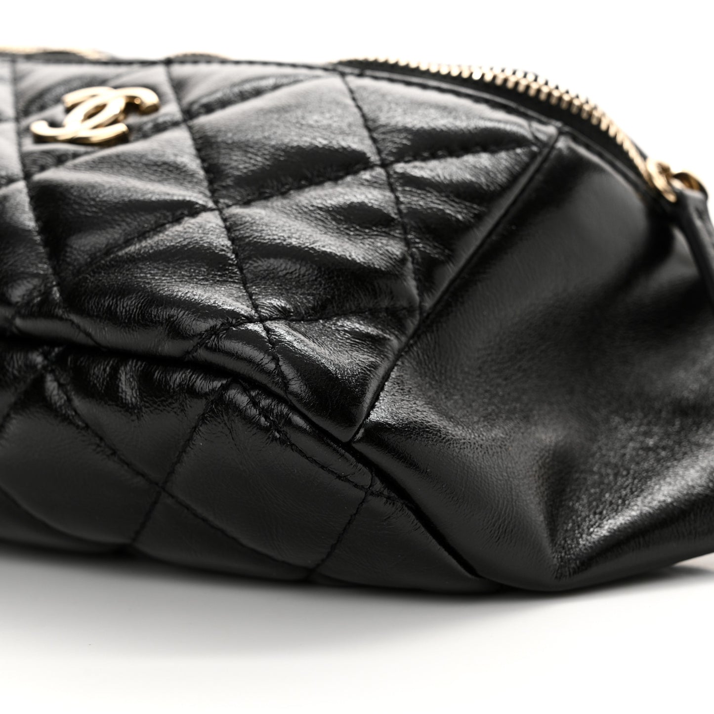 Shiny Aged Calfskin Quilted Utility Waist Belt Bag Black
