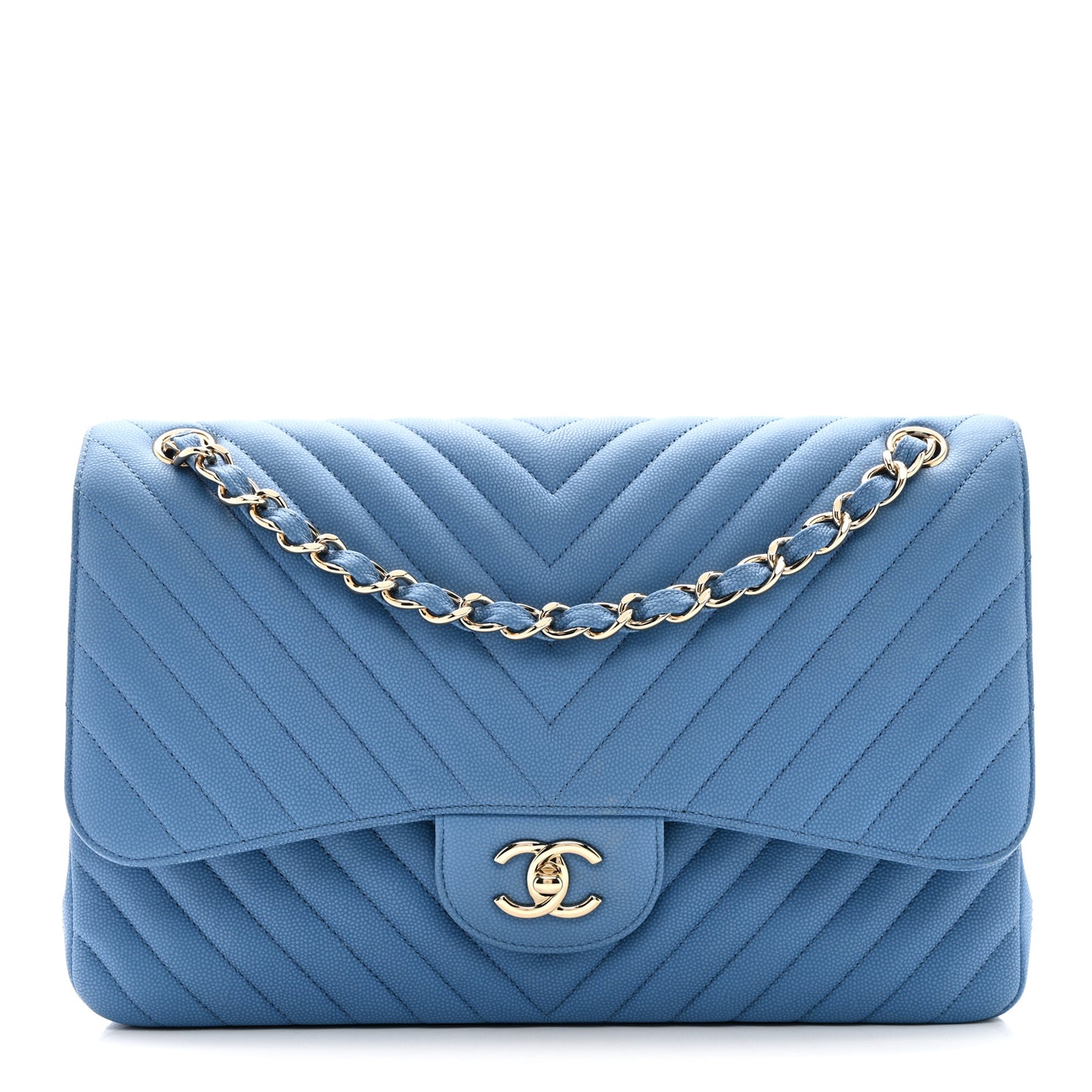 Caviar Flat Chevron Quilted Jumbo Double Flap Blue